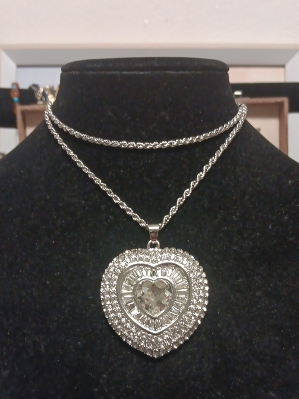 White Austrian Crystal Heart Pendant Necklace in Silvertone 28-30 Inches